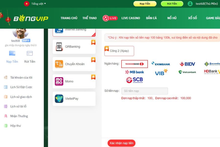 Nạp tiền vào tài khoản Bongvip để chơi Nổ Hũ.